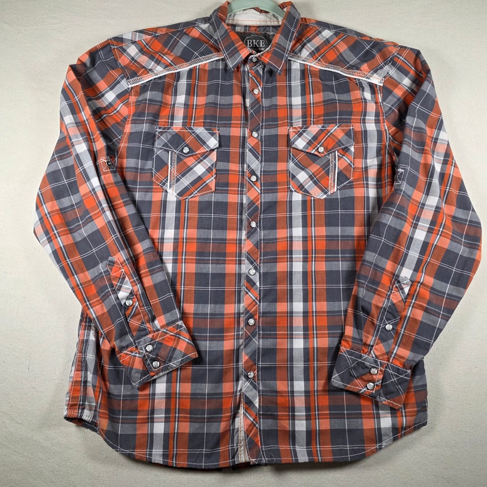 BKE Mens XL Relaxed Fit Plaid Pearl Snap Western Shirt Orange Grey II334FPW